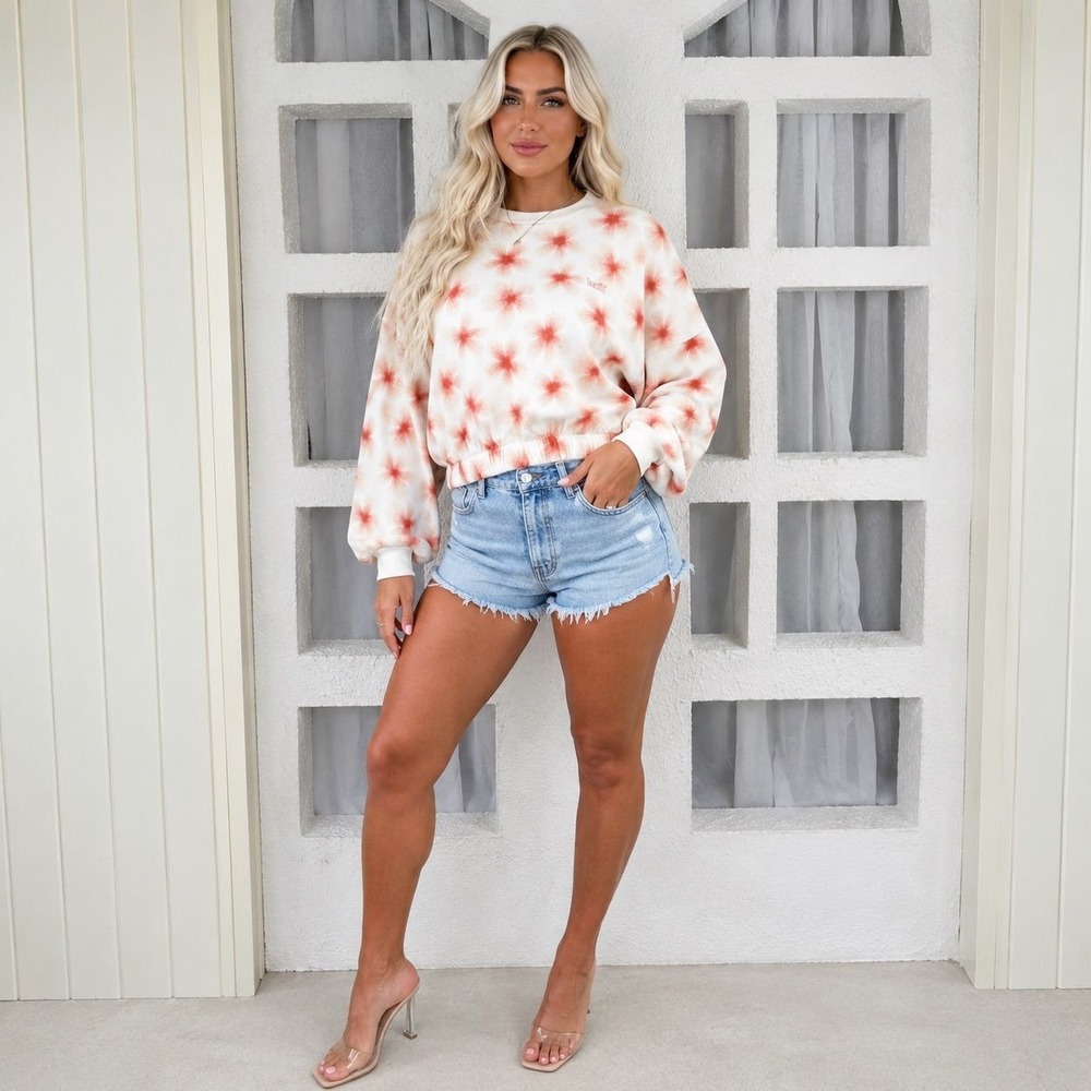 Levis Womens Floral Sunburst Cropped Sweatshirt Orange Cream Crewneck Pullover